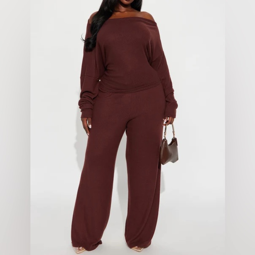 Plus Size Off-Shoulder Pants Set -Brown - Picture 3 of 6